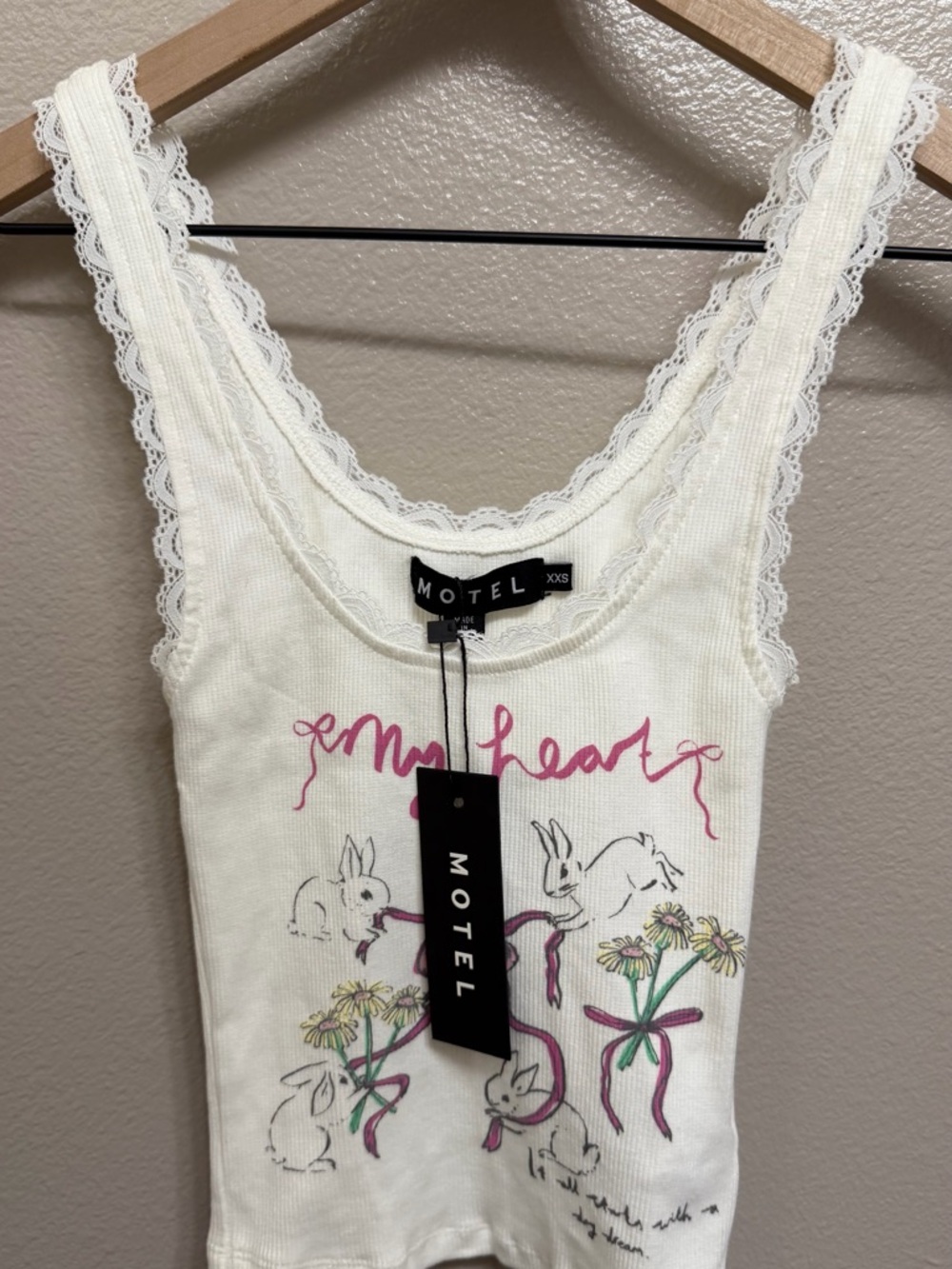 Motel Rocks White Lace-Trim Ribbed Bunny Graphic Tank with Pink Script